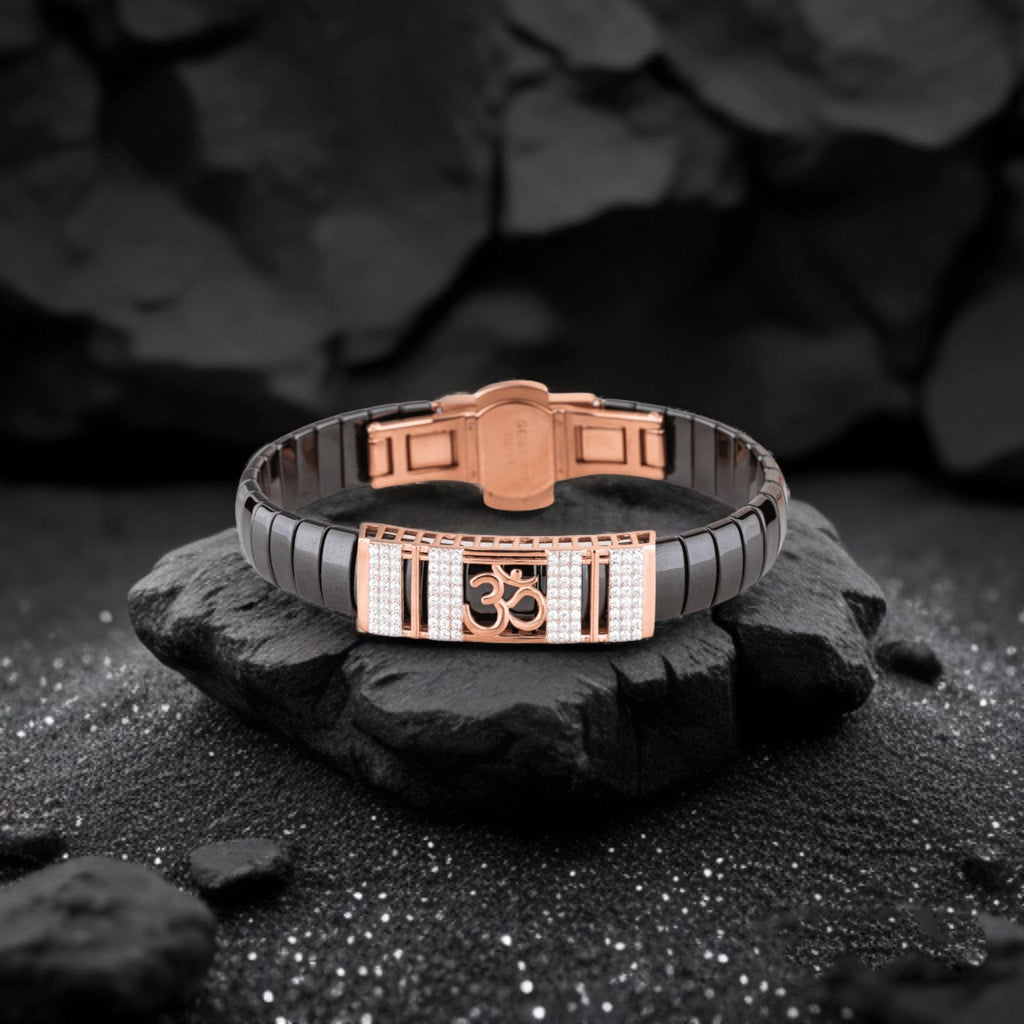 Black Ceramic Om Bracelet with Rose Gold and Diamond Accents
