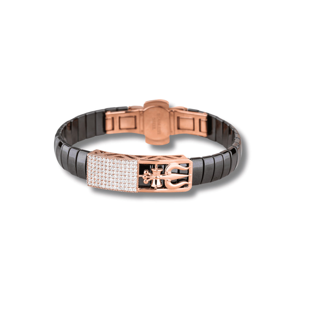 Black Ceramic Trishul Bracelet with Rose Gold and Diamond Detailing