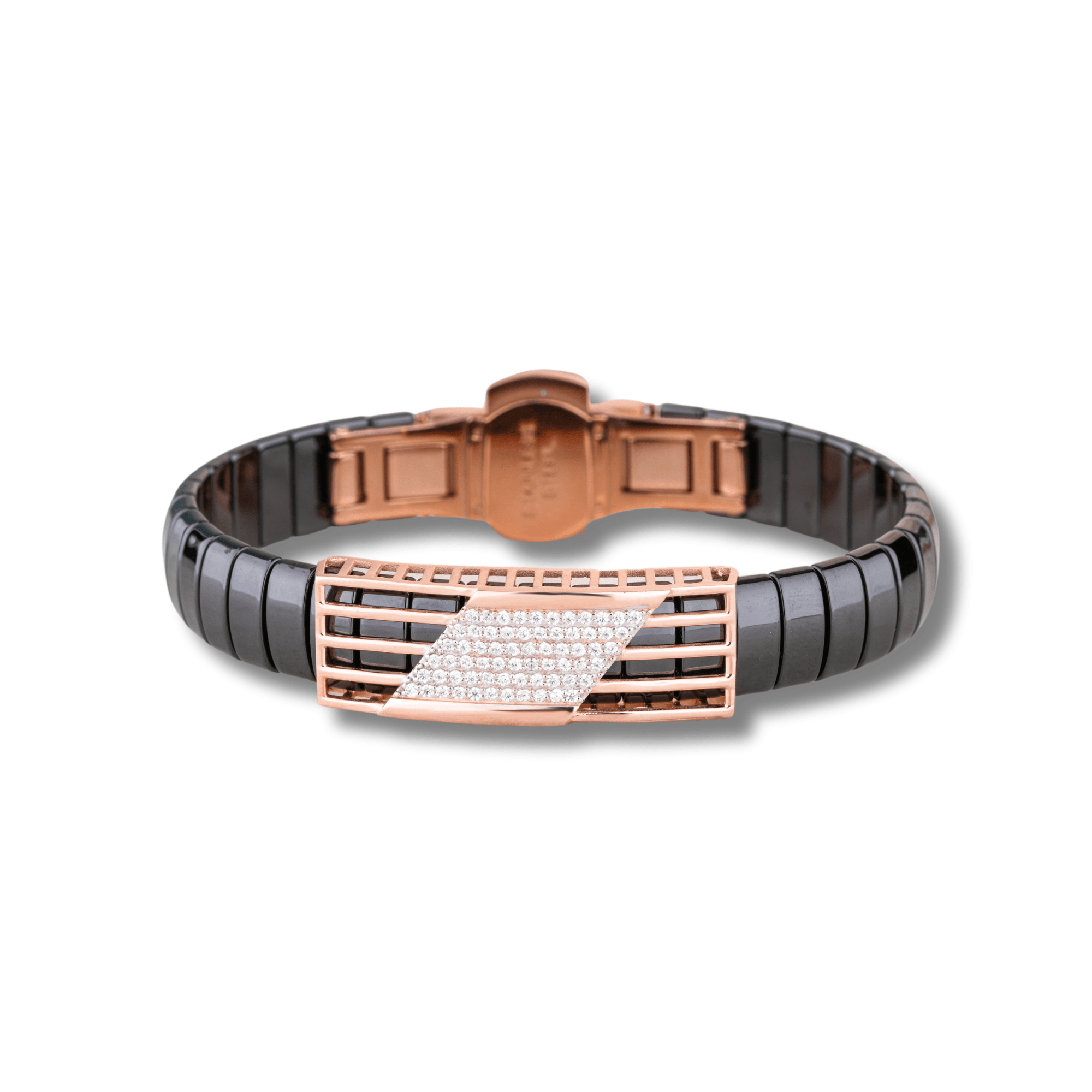 925 Silver Rhombus Shape Design Rose Gold Pleating Men's Ceramic Bracelet – Elegant