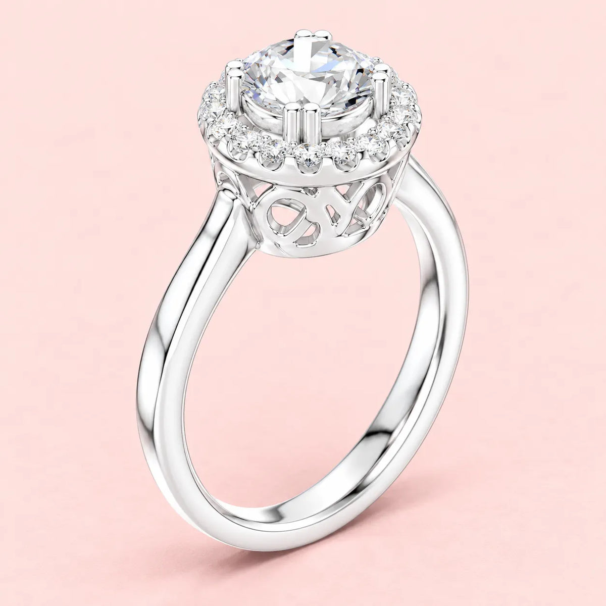 Side view of 925 silver halo ring showing 4-prong setting and polished band