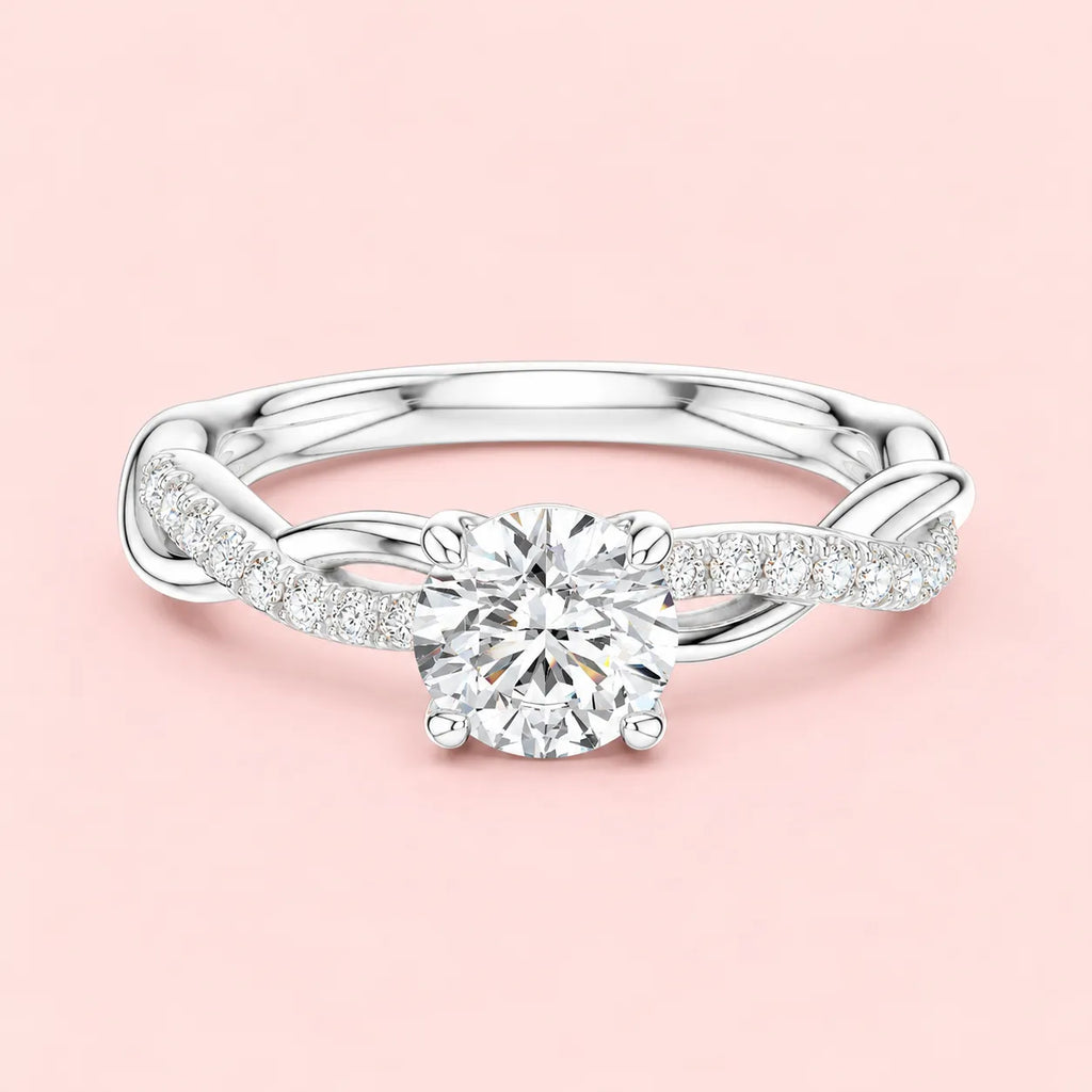 925 sterling silver solitaire ring for women with twisted pavé band, front view