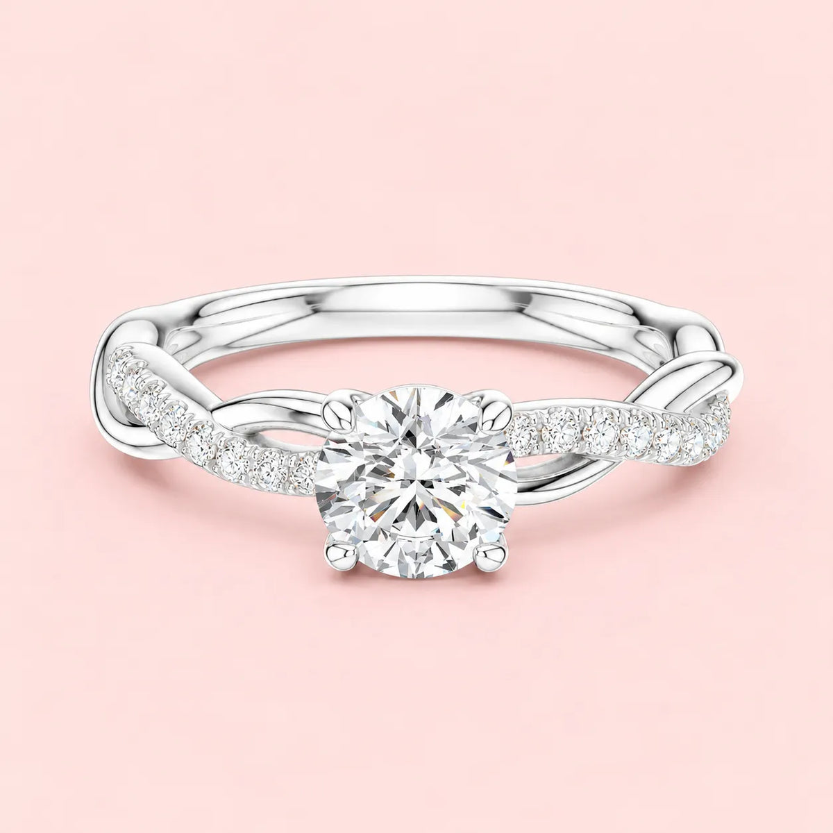 925 sterling silver solitaire ring for women with twisted pavé band, front view