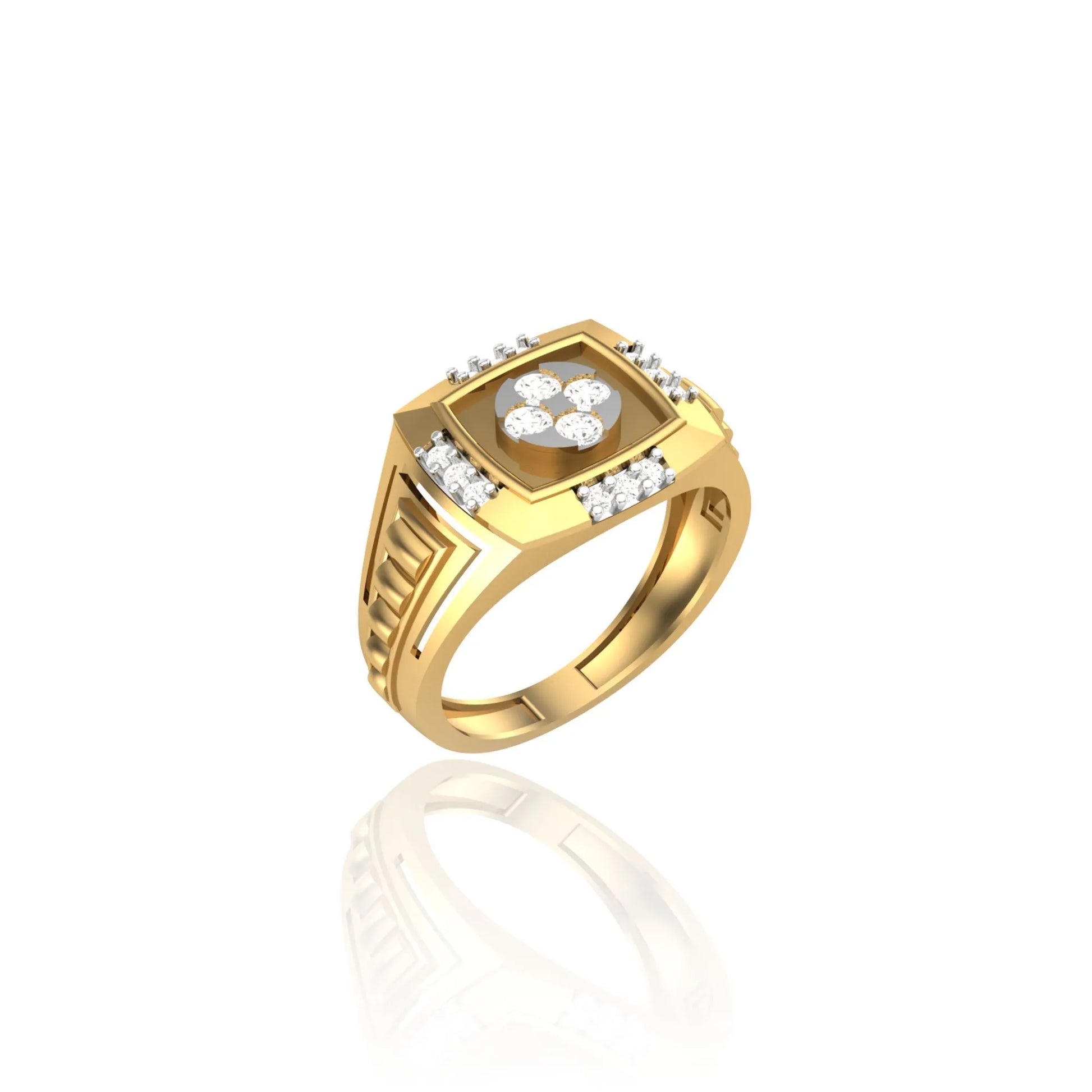 925 Silver Gold-Plated Men's Square Ring with CZ Diamond Cluster