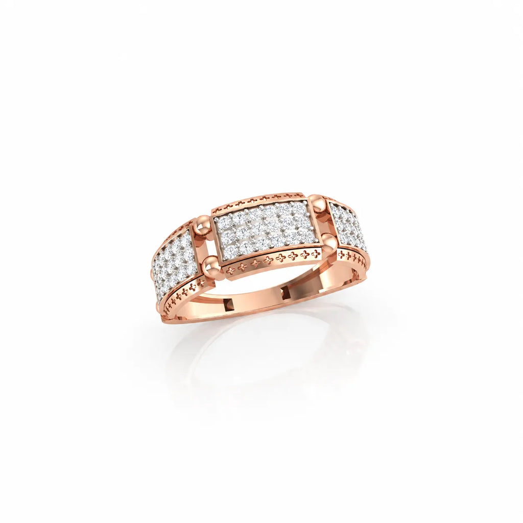 Rose gold ring with diamonds on a white background