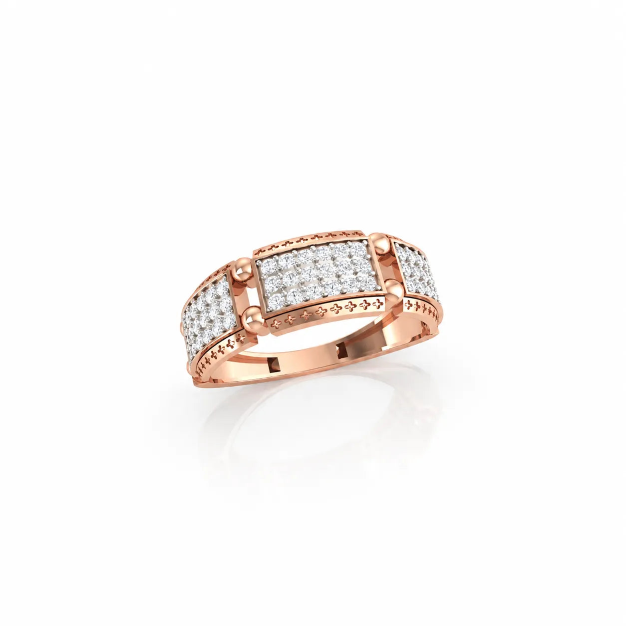 Rose gold ring with diamonds on a white background