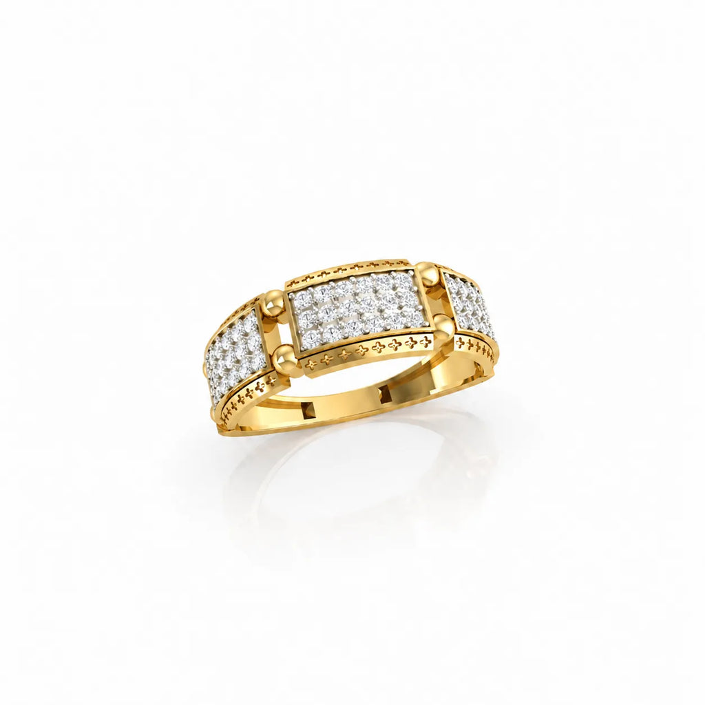Gold ring with diamond accents on a white background