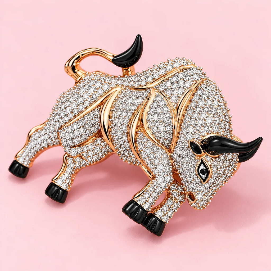 925 Silver Rose Gold Bull Brooch with CZ Stones
