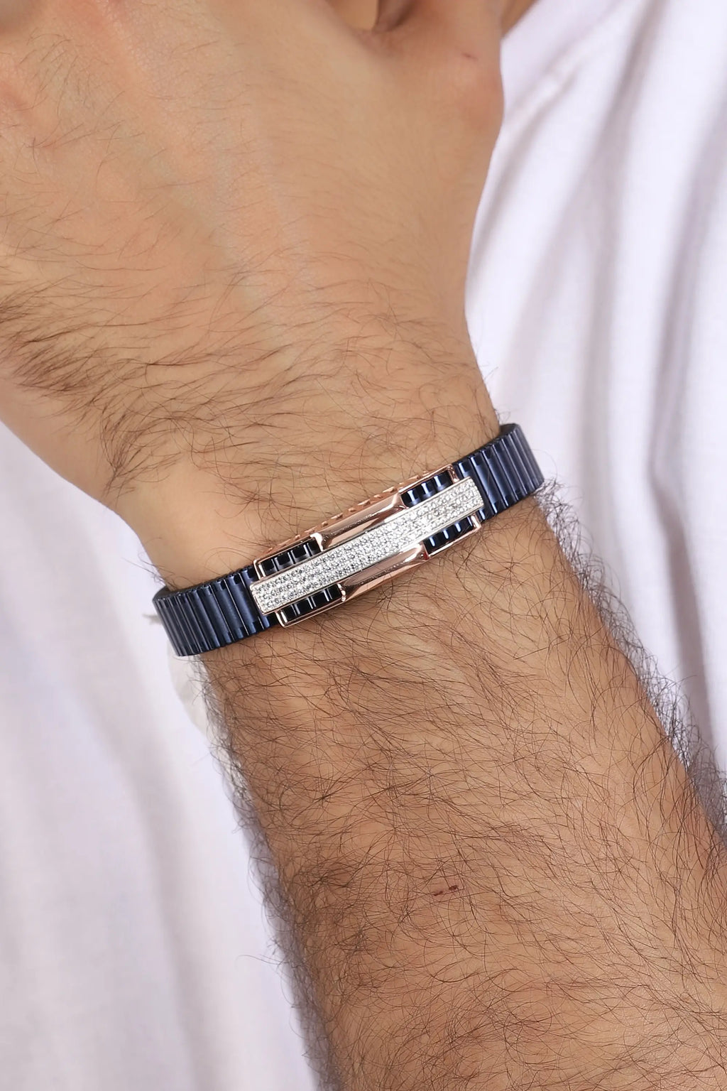 925 Silver 3 Line Diamond Men's Rolex Bracelet with Stretchable Belt