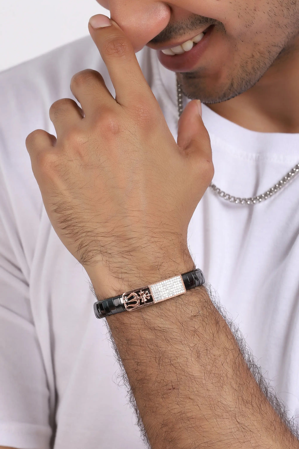 Black Ceramic Trishul Bracelet with Rose Gold and Diamond Detailing