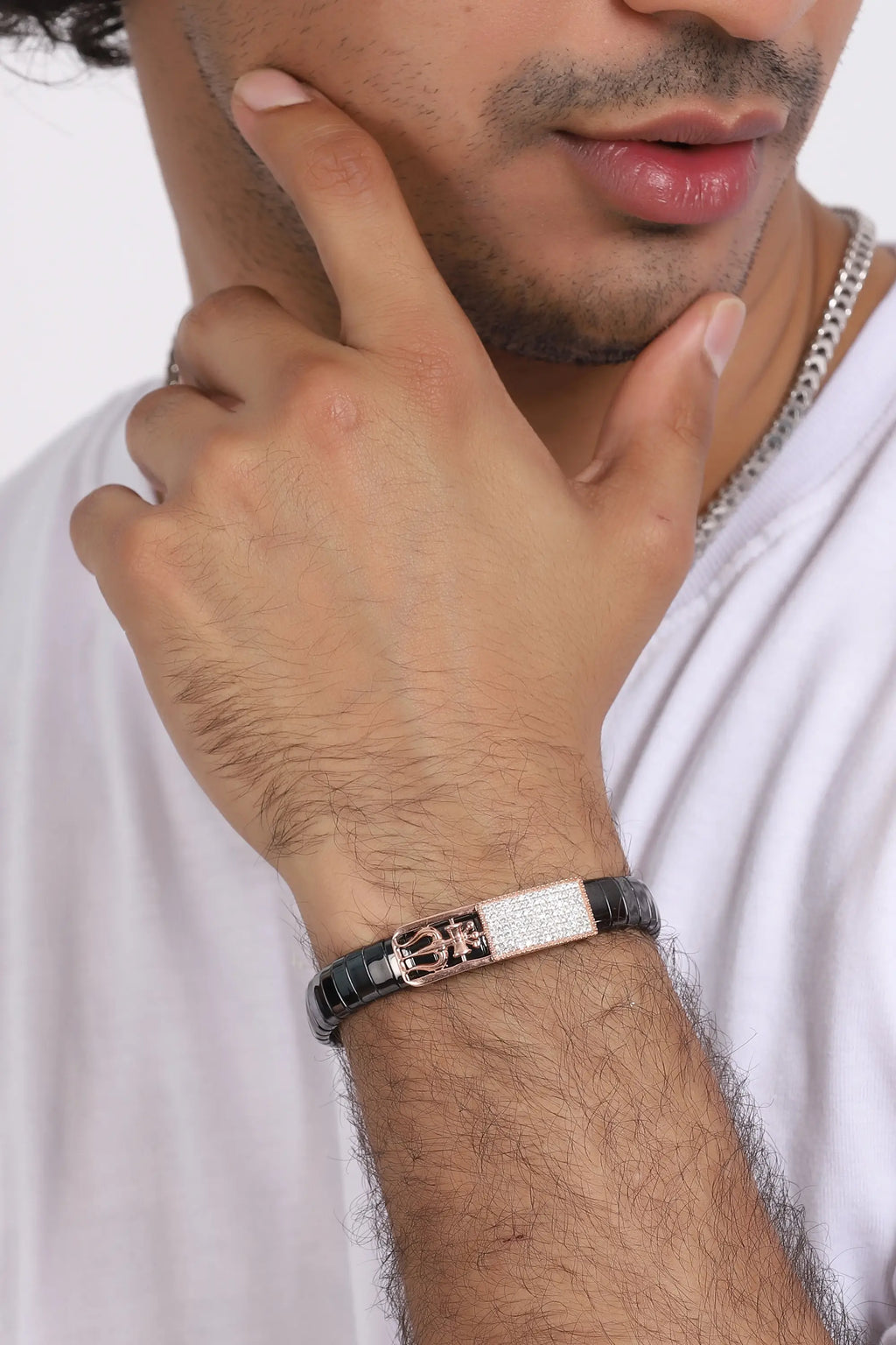 Black Ceramic Trishul Bracelet with Rose Gold and Diamond Detailing