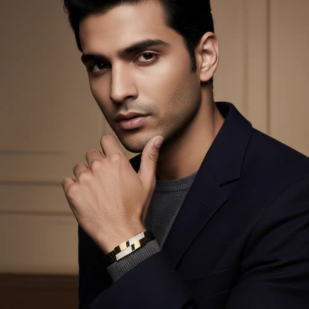 Man wearing 925 sterling silver black and gold bracelet with modern luxury style

