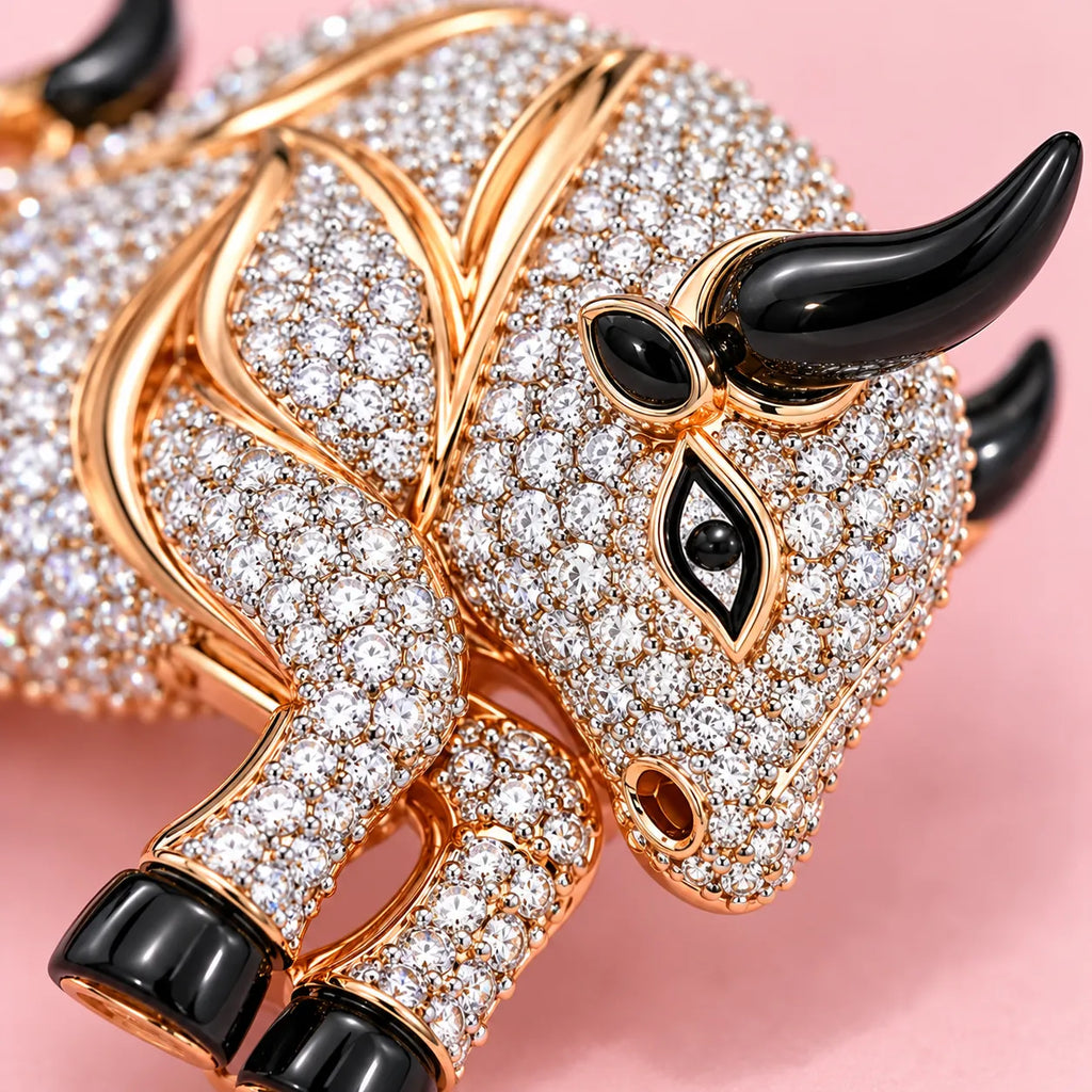 925 Silver Rose Gold Bull Brooch with CZ Stones