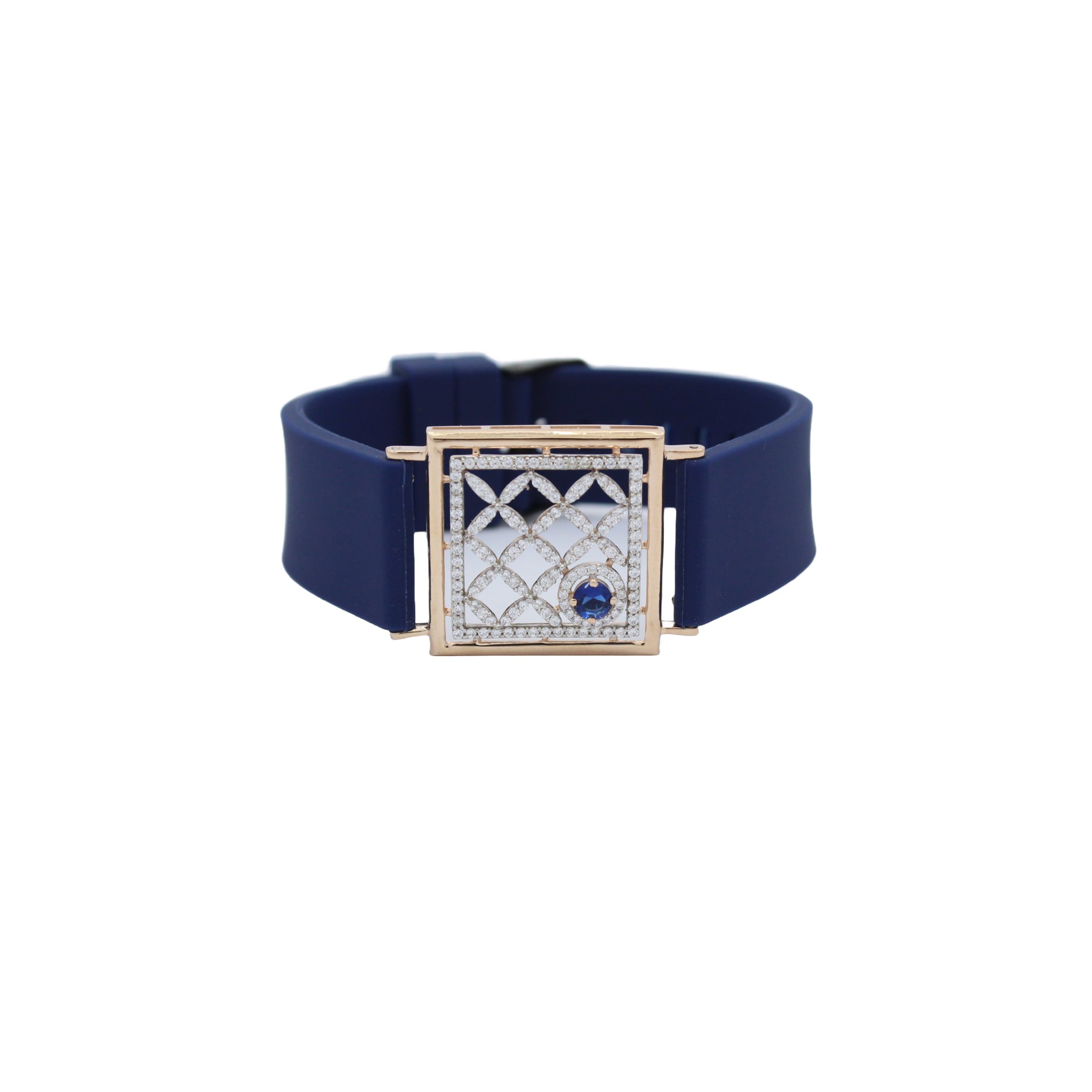 925 Silver Rose Gold Square Design Women's Watch Bracelet with Blue Stone - Luxurious