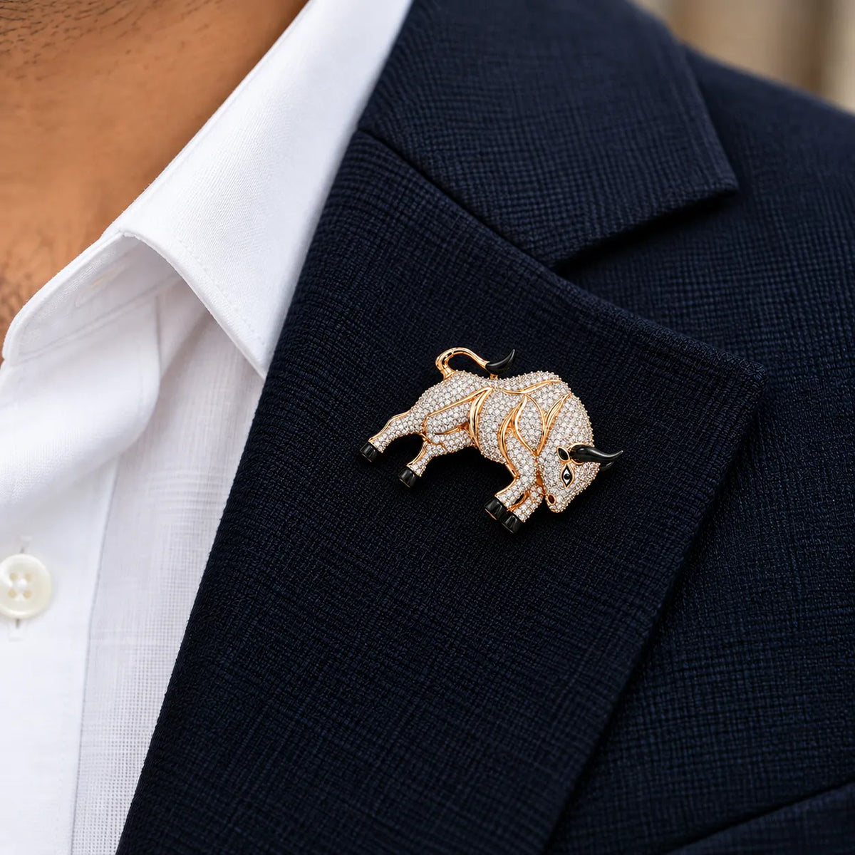 925 Silver Rose Gold Bull Brooch with CZ Stones
