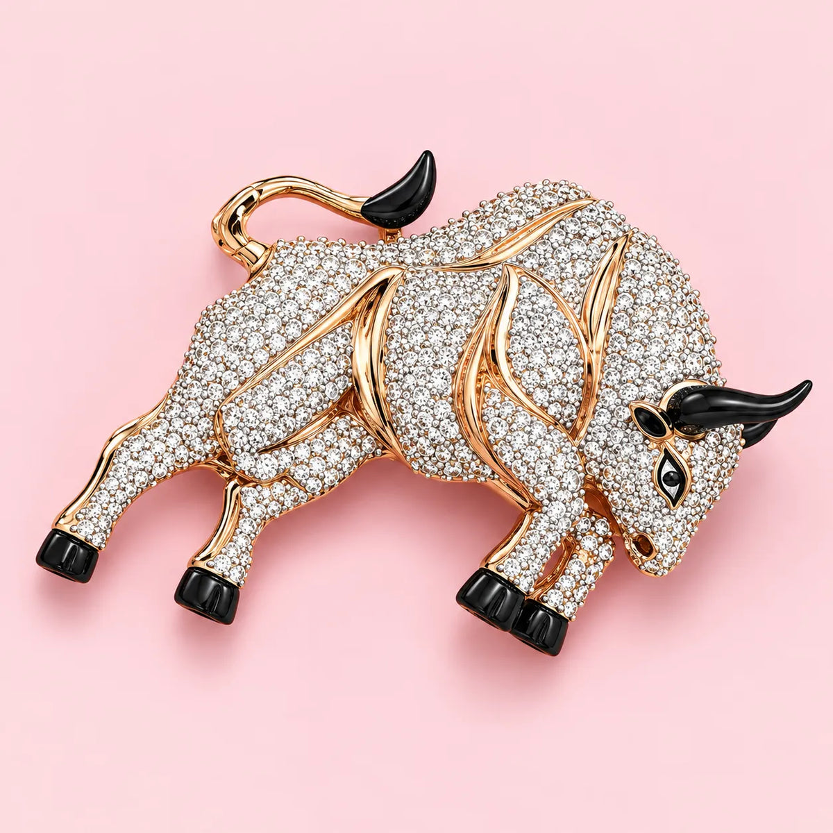925 Silver Rose Gold Bull Brooch with CZ Stones