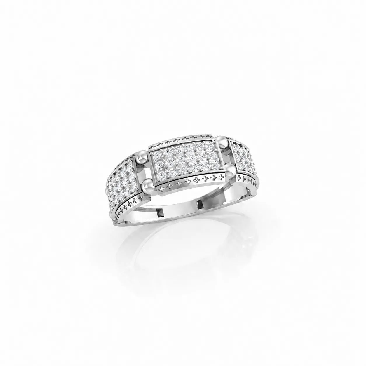 Silver ring with diamond accents on a white background