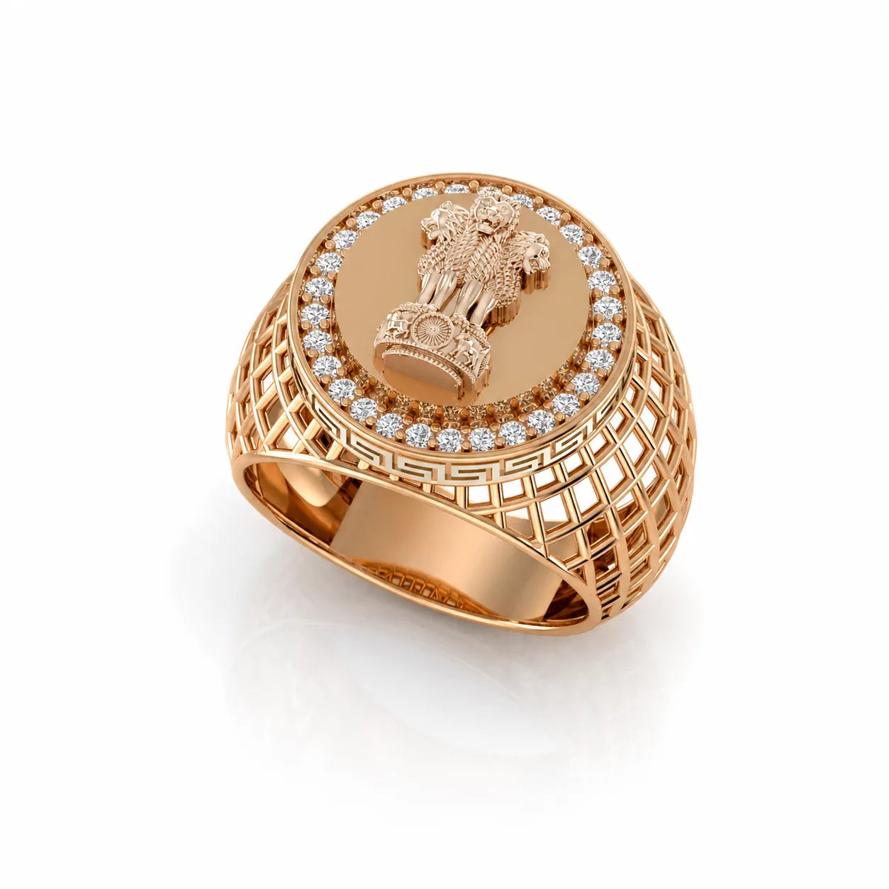 Ashoka lion 925 silver ring front view with diamond halo