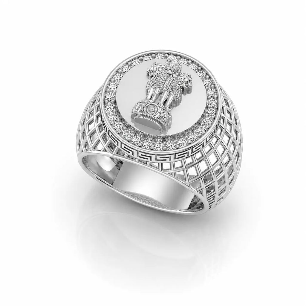 Side lattice pattern detail of ashoka lion silver ring