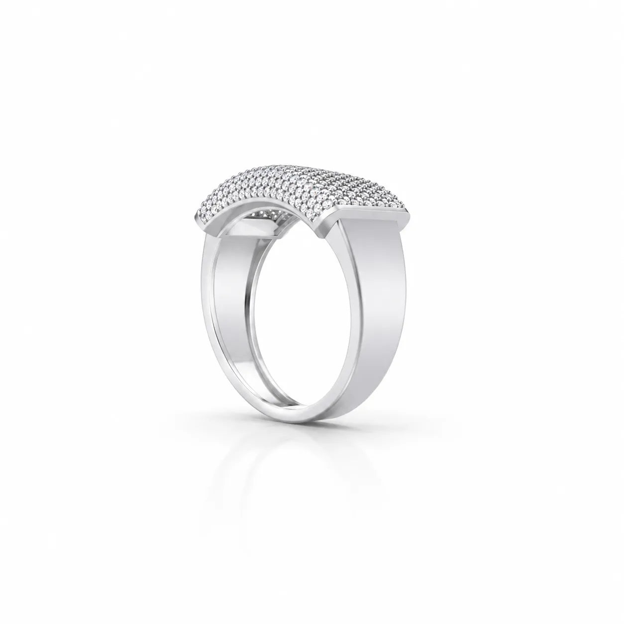 Closeup of bold iced-out statement ring for men