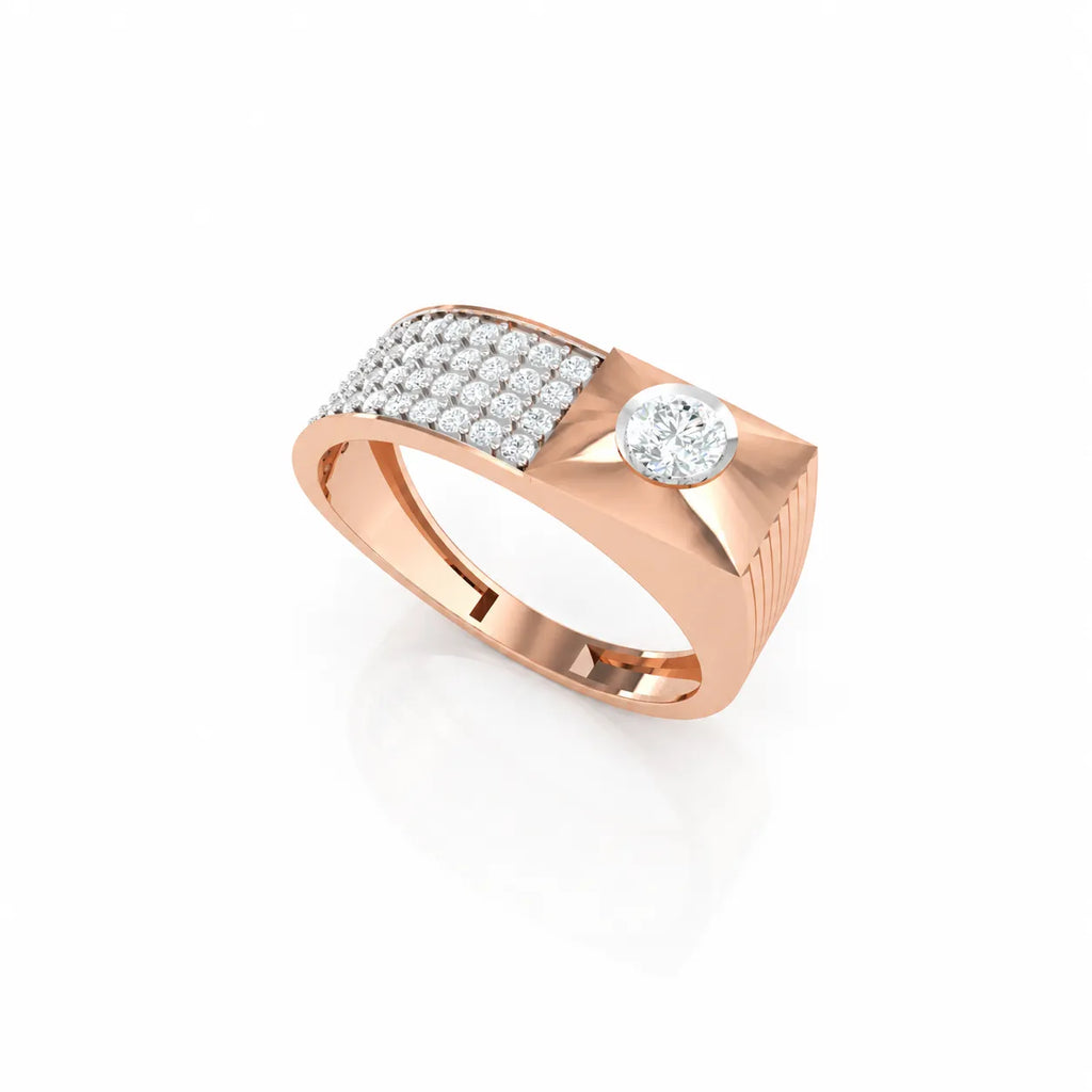 Rose gold ring with diamond accents on a white background