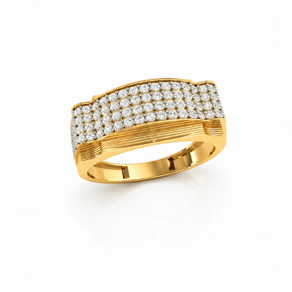 Gold ring with diamond accents on a white background