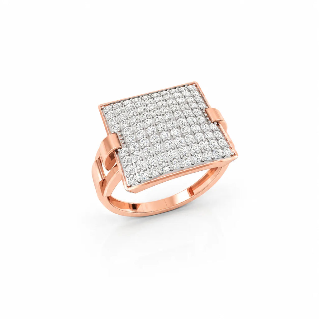 Rose gold ring with a square diamond pavé setting on a white background