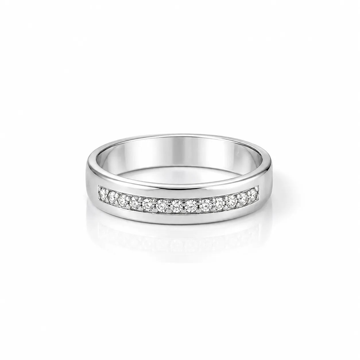 Silver ring with small diamonds on a white background