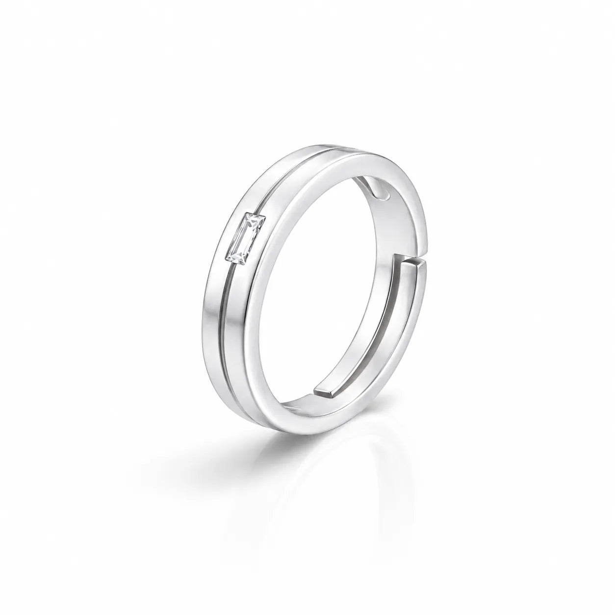 Silver ring with a small diamond on a white background
