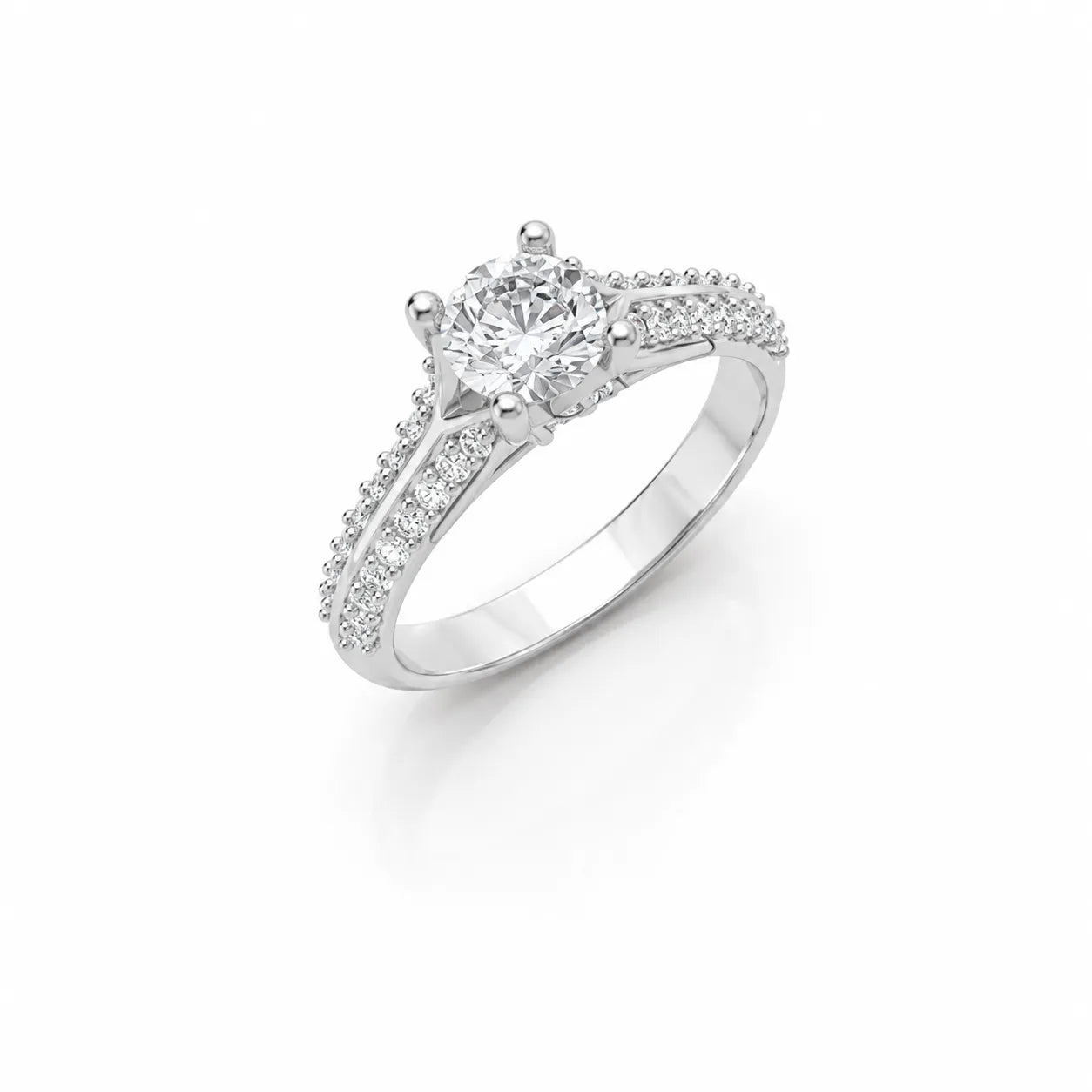 Gold solitaire diamond engagement ring with pavé band