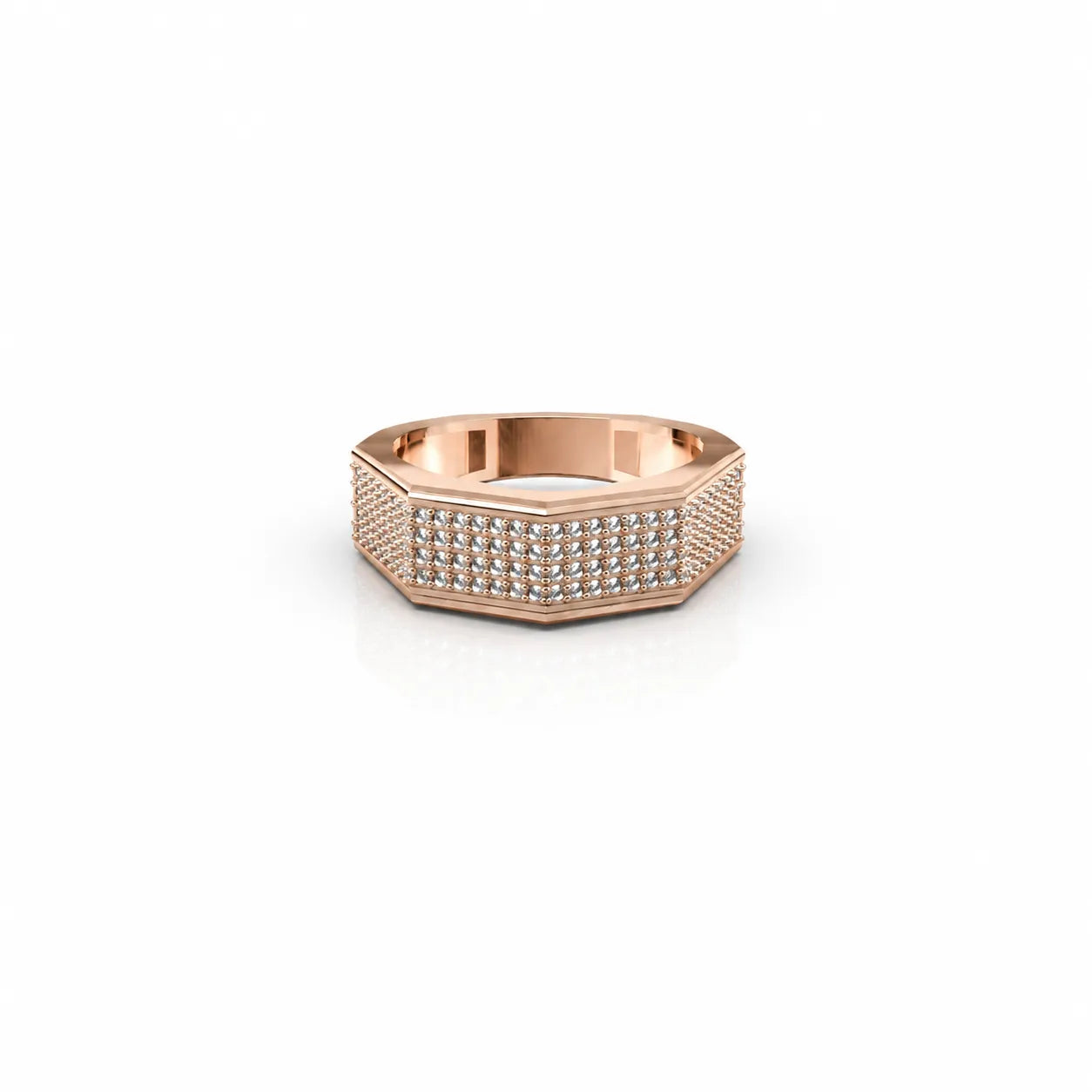 Rose gold geometric band ring with multi-row diamond detailing front view