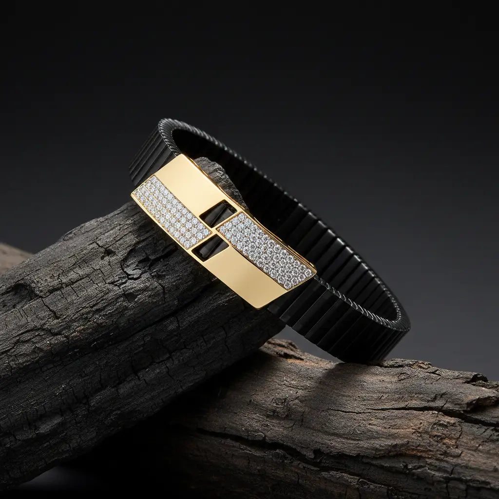 925 sterling silver black and gold bracelet for men with diamond finish luxury design
