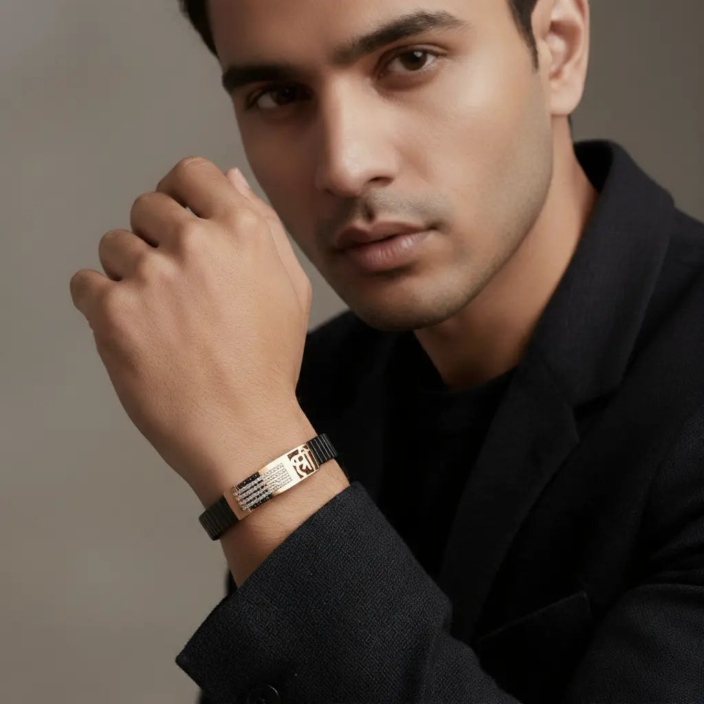 Man wearing 925 sterling silver luxury bracelet with modern designer look