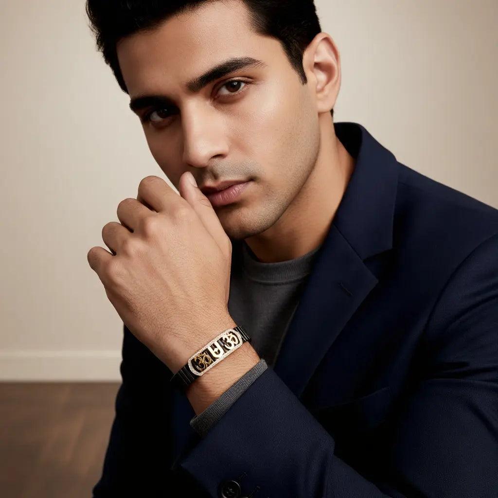 Man wearing 925 sterling silver Om bracelet with modern luxury style