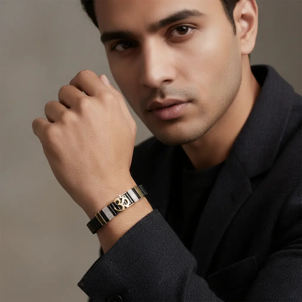 Men wearing 925 sterling silver Om bracelet with modern luxury design