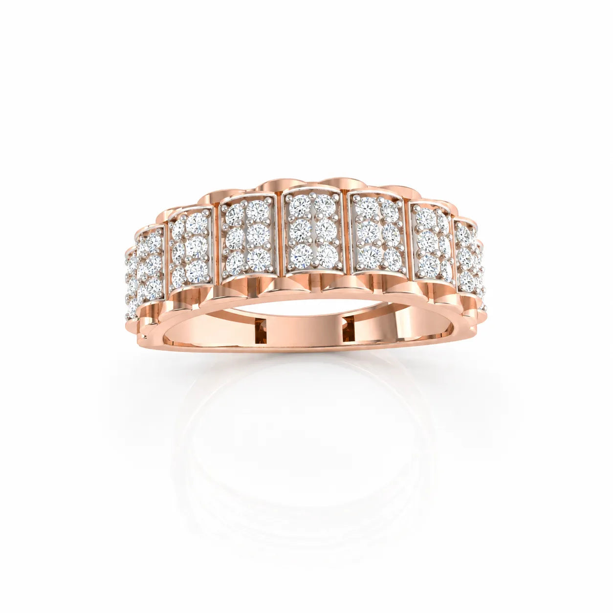 Rose gold ring with diamond accents on a white background