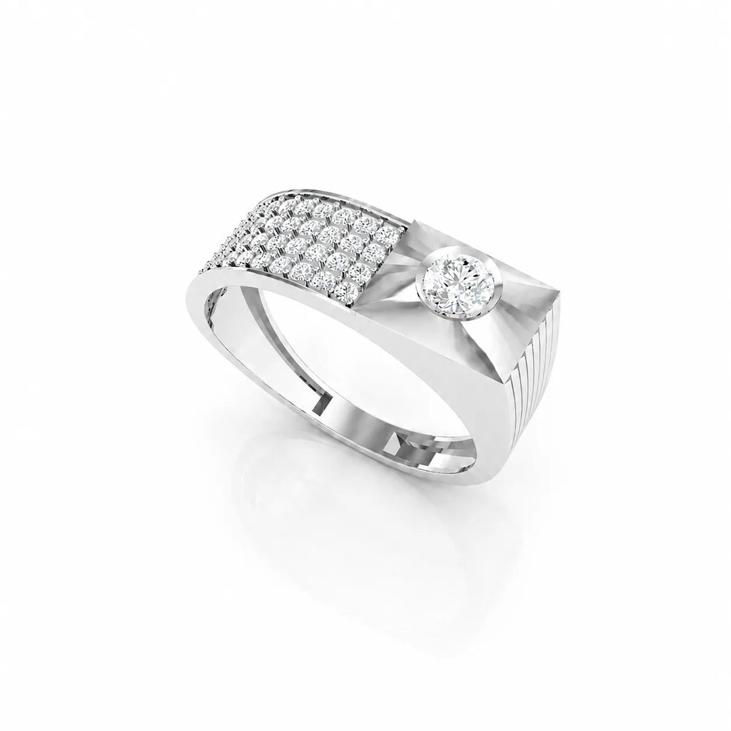 Silver ring with diamond accents on a white background