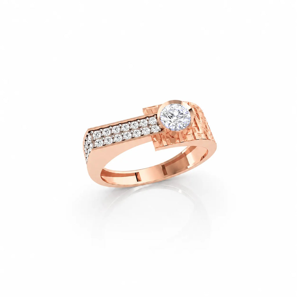 Rose gold ring with diamonds on a white background