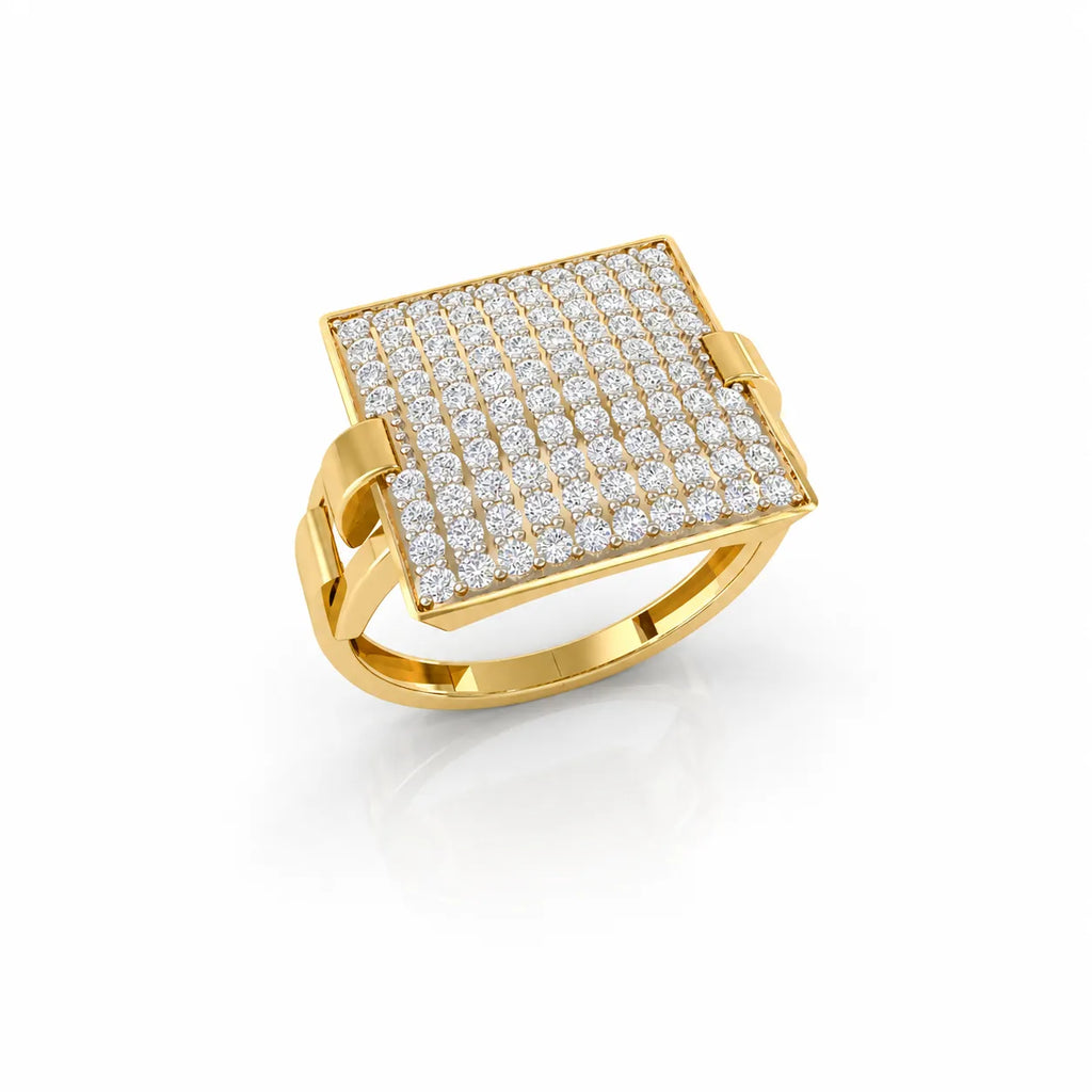 Gold ring with diamond-studded square design on a white background