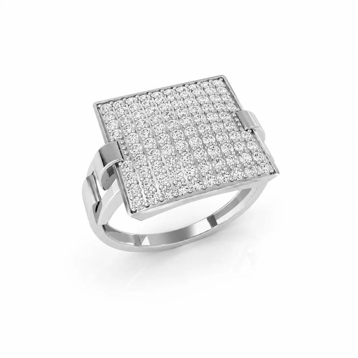Silver ring with diamond-studded square design on a white background