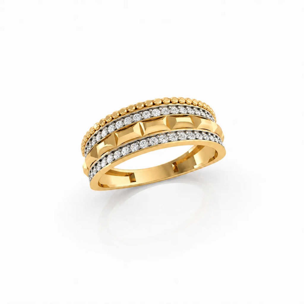 Gold ring with diamond accents on a white background