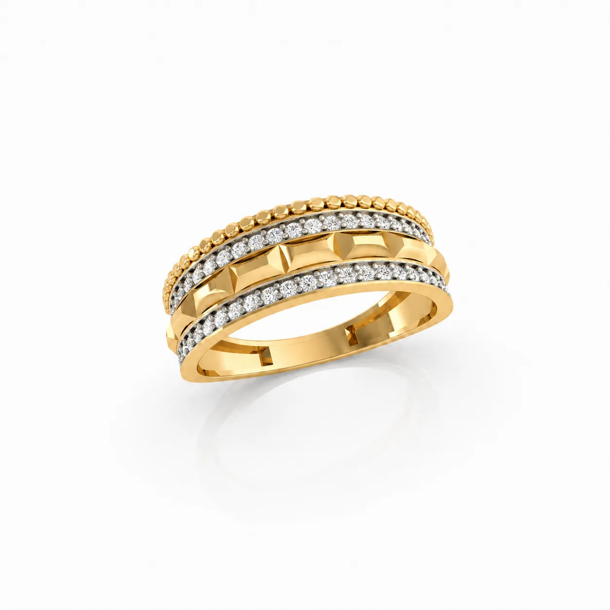 Gold ring with diamond accents on a white background
