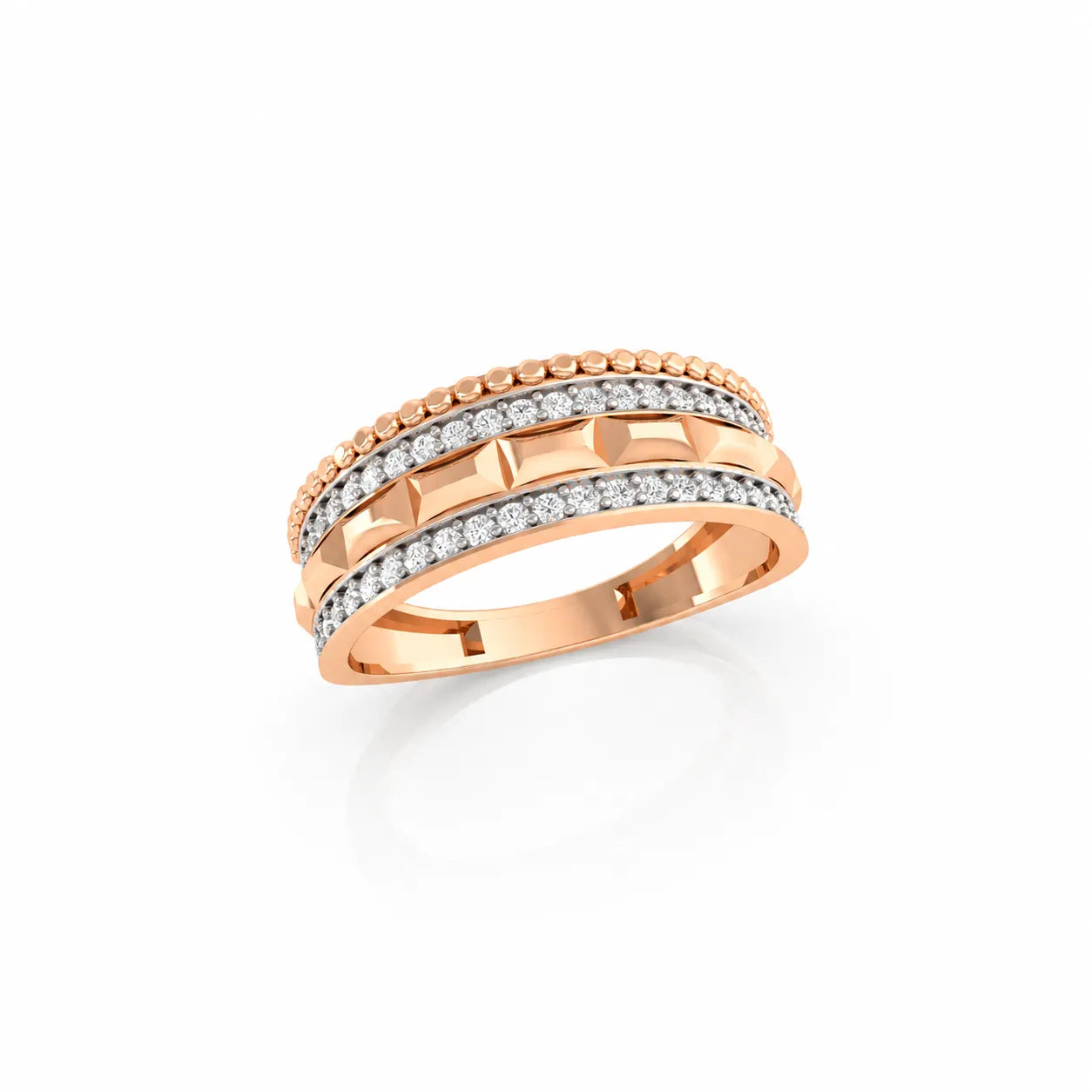 Rose gold ring with diamonds on a white background