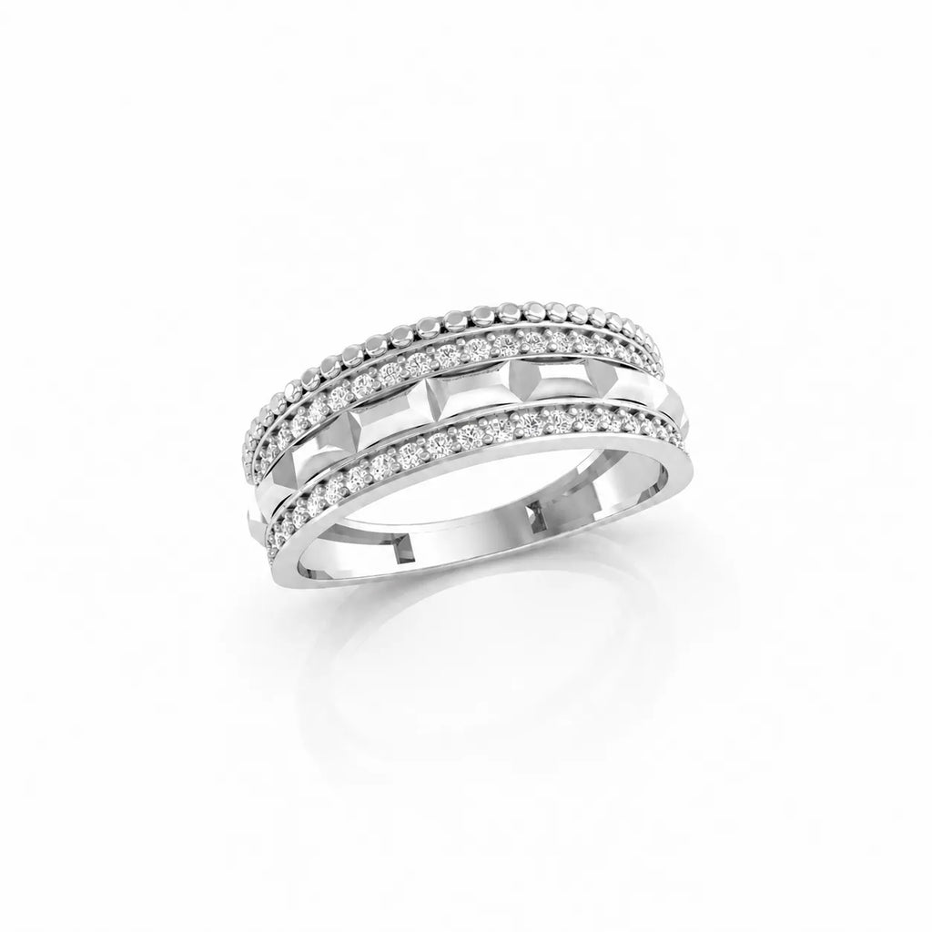 Silver ring with small diamonds on a white background