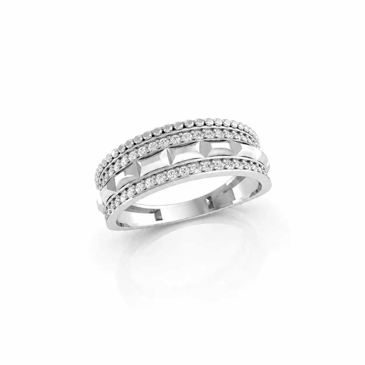 Silver ring with small diamonds on a white background