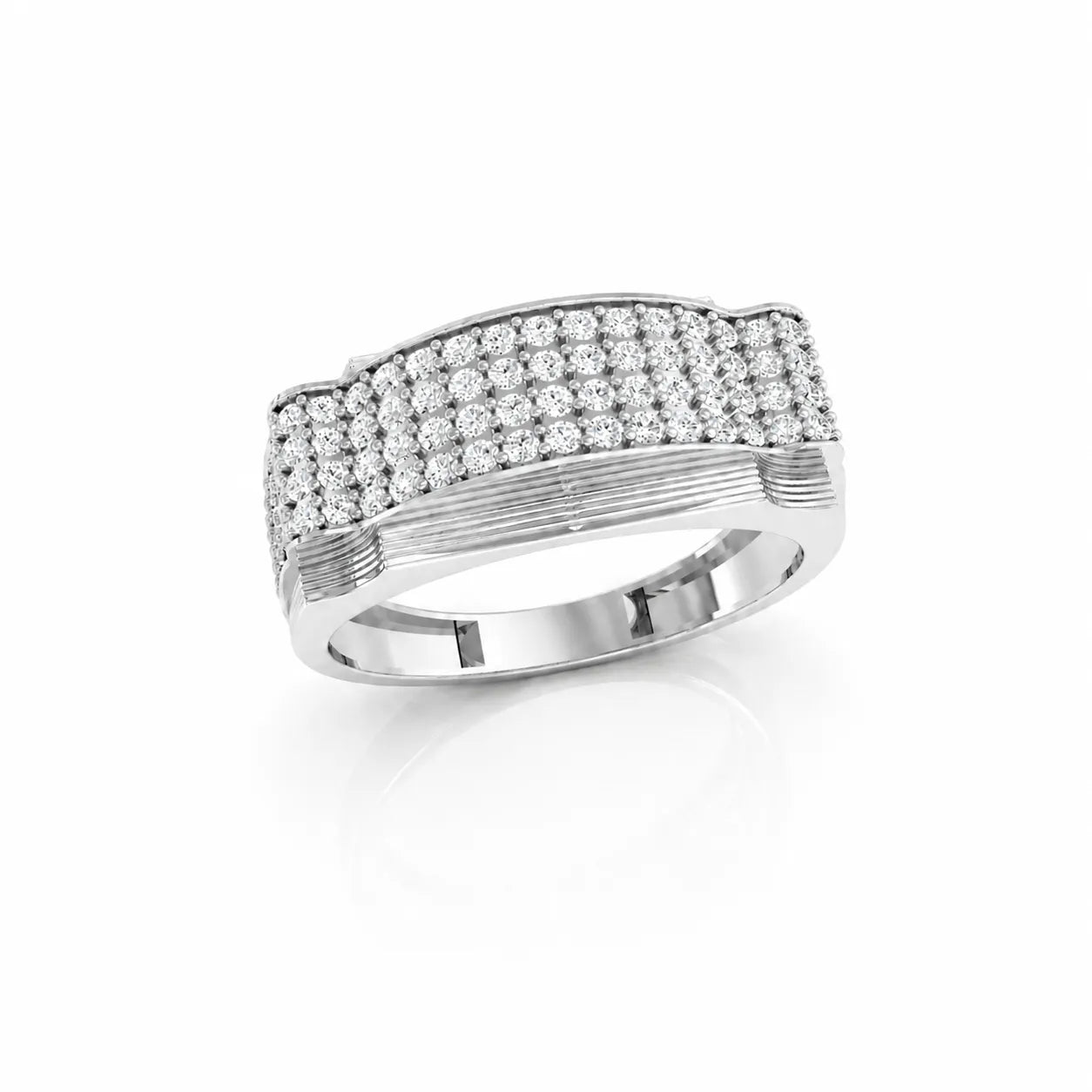 Silver ring with diamond accents on a white background
