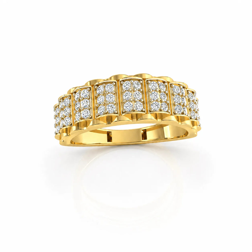 Gold ring with diamond accents on a white background