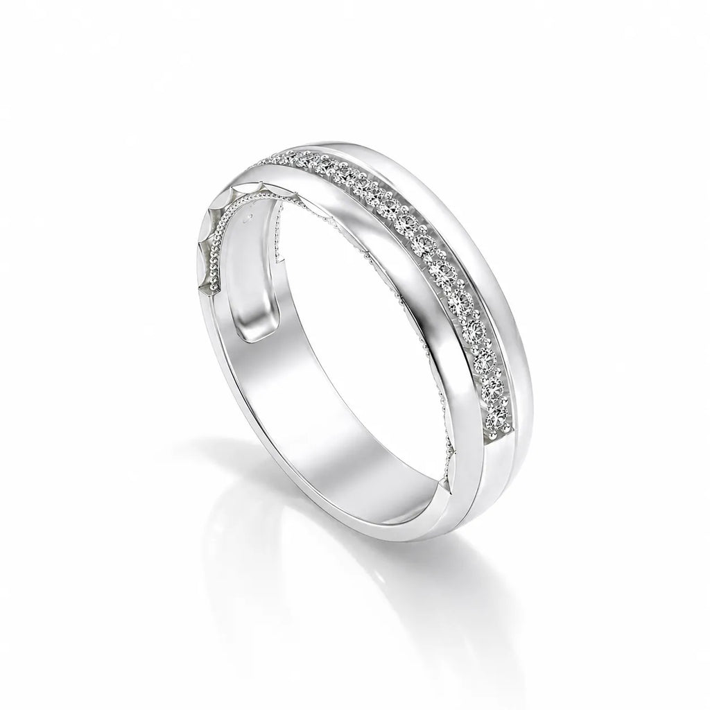 Silver ring with small diamonds on a white background