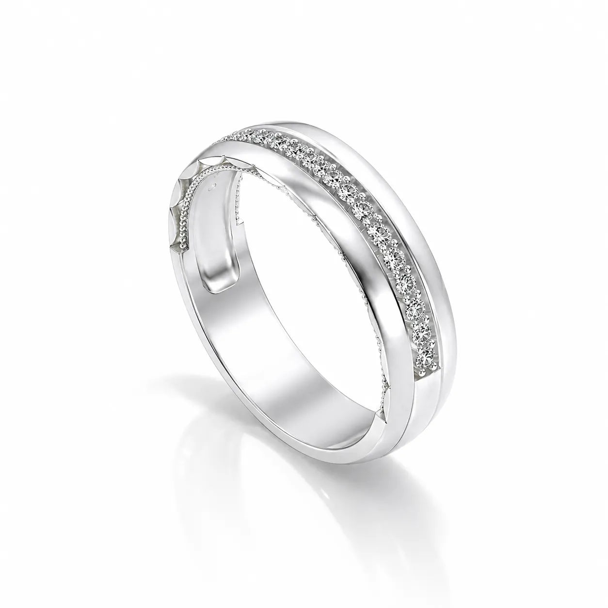 Silver ring with small diamonds on a white background