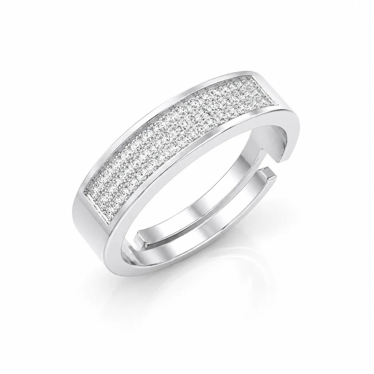 Modern adjustable silver ring with pave stones