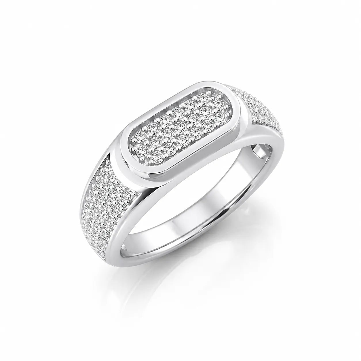Oval pave diamond ring in 925 silver with side stone detailing and luxury polished finish
